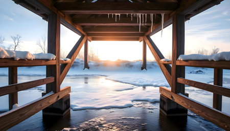 a wooden bridge over a frozen river at sunsetの素材