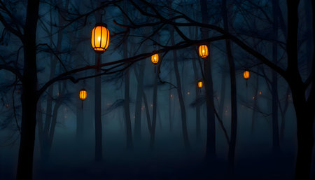 a forest filled with lots of trees covered in lanternsの素材