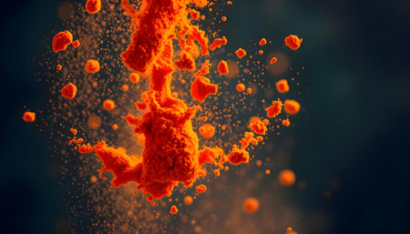 3d rendering of abstract orange fluid splash isolated on black background.の素材