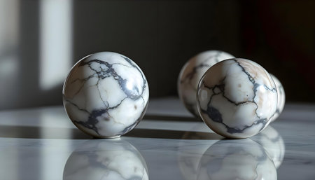 a couple of marble balls sitting on top of a tableの素材