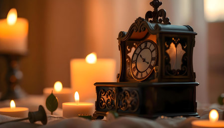 Vintage clock and burning candles on table in room, closeupの素材