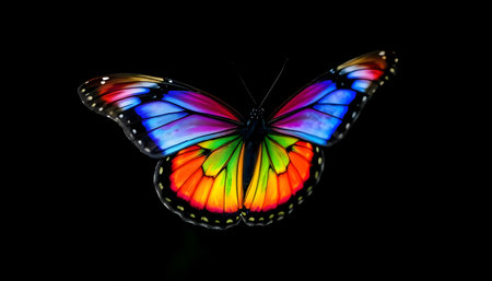 Colorful butterfly isolated on black background. Close-up image.の素材