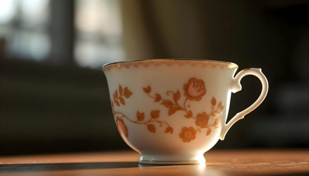 Cup of coffee on the table in the morning light, close upの素材