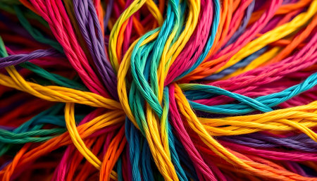 a close up of many different colored cordsの素材