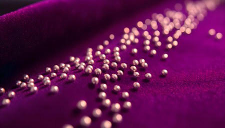 a close up of a purple cloth with beads on itの素材