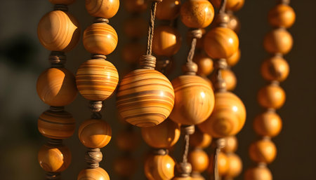 a group of wooden beads hanging from a ceilingの素材