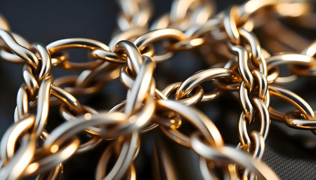 a close up of a gold chain on a black surfaceの素材
