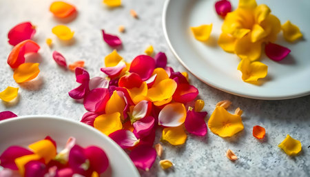 a table topped with two white plates filled with flowersの素材
