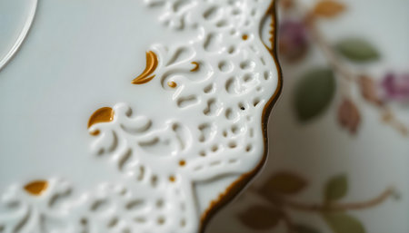 Ceramic plate with floral pattern on white background, close upの素材