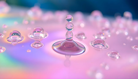 a close up of a water droplet with a rainbow backgroundの素材
