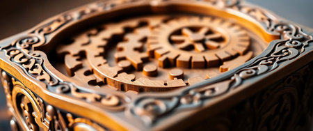 close up of a wooden box with gears on itの素材