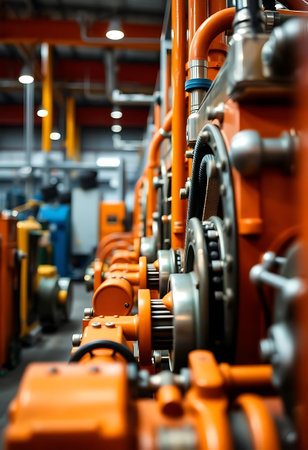 row of orange pipes in a factoryの素材