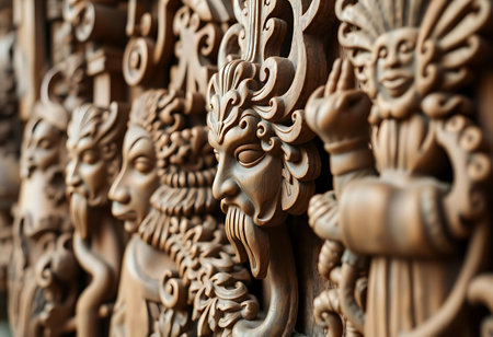 close up of a wooden carving of animalsの素材