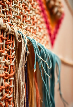close up of a woven wall hangingの素材