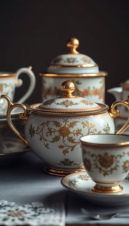 table topped with a tea pot and a cupの素材