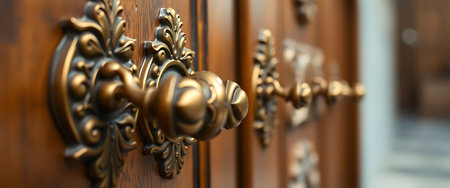 close up of a door handle on a wooden doorの素材