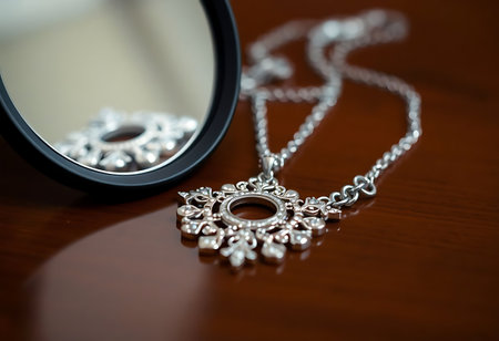 close up of a necklace on a tableの素材