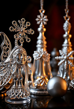 group of silver and gold christmas ornamentsの素材