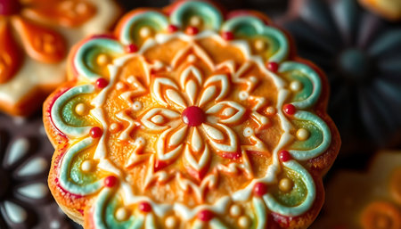 close up of a decorated cookie on a tableの素材