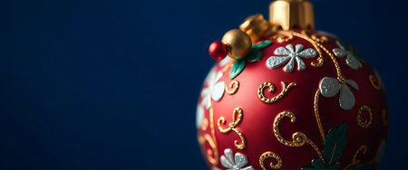 close up of a red ornament on a blue backgroundの素材