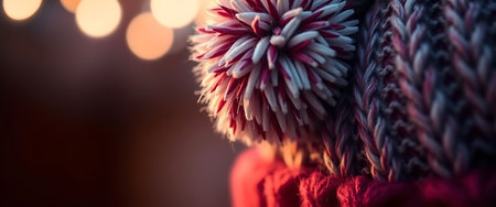 close up of a knitted object with lights in the backgroundの素材
