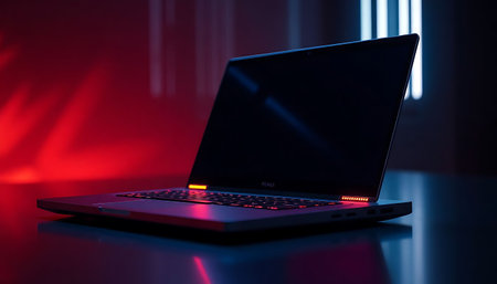 laptop computer sitting on top of a tableの素材
