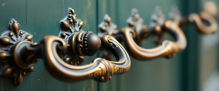 close up of a door handle on a green doorの素材