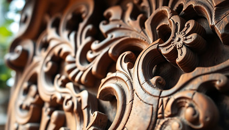close up of a wooden carving on a wallの素材