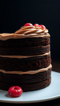 chocolate cake on a plate with a cherry on the sideの素材
