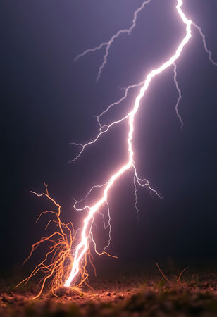 lightning bolt hitting through a dark skyの素材