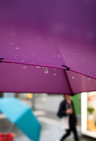 purple umbrella with rain drops hanging from itの素材