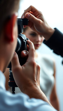 man taking a picture of a woman with a cameraの素材