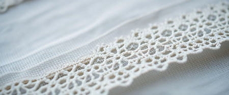 close up of a white lace on a white shirtの素材