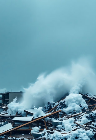 large wave crashing over a pile of debrisの素材