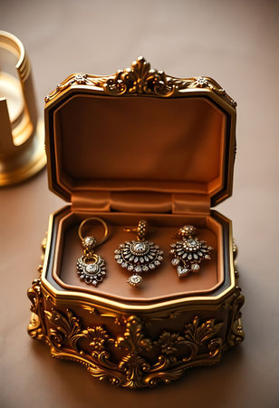 set of jewelry in a case on a tableの素材
