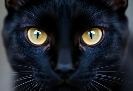 close up of a black cat with yellow eyesの素材