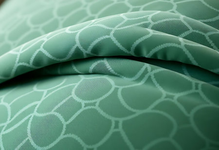 close up of a bed with a green comforterの素材