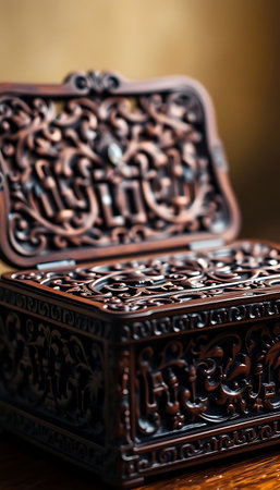 wooden box sitting on top of a wooden tableの素材