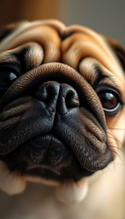 close up of a pug dog's faceの素材