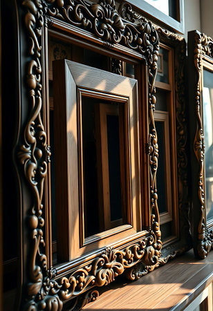 couple of frames sitting on top of a wooden shelfの素材