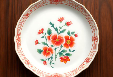 white plate with red flowers painted on itの素材
