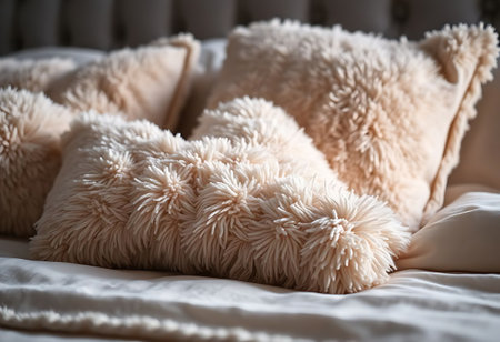 bunch of pillows that are on a bedの素材