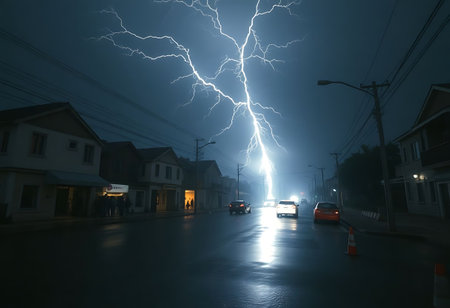 lightning bolt hitting a city street at nightの素材