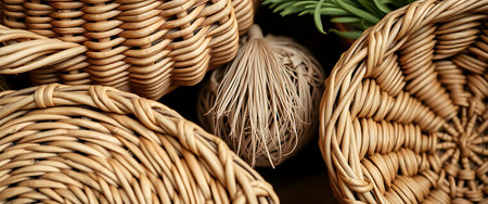 group of wicker baskets filled with mushroomsの素材