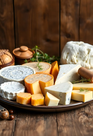 plate of cheese on a wooden tableの素材