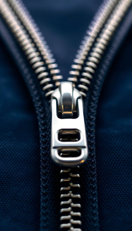 close up of a zipper on a blue jacketの素材