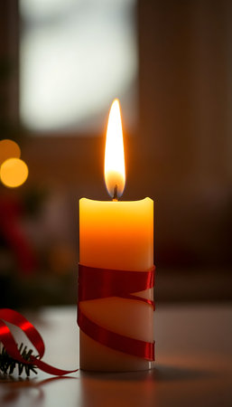 lit candle with a red ribbon around itの素材