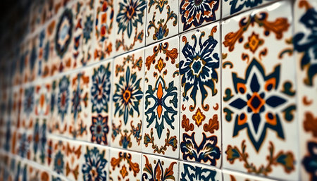 close up of a tile wall with a pattern on itの素材