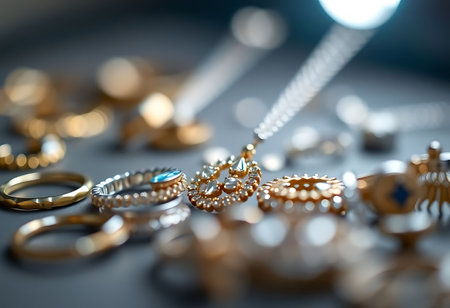 table topped with lots of different types of ringsの素材