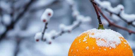 close up of an orange covered in snowの素材